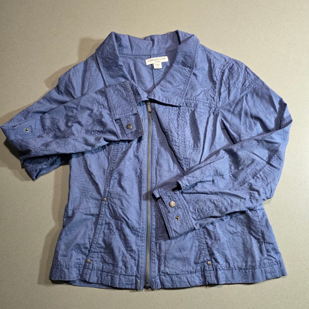 Coldwater Creek Shaped Blue Embroidered Zip Up Jacket Petite 6 P6 Cotton 4008411